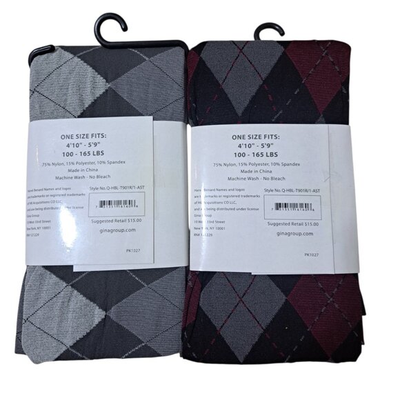 Harve Benard Women's 2 Pk Argyle Grey Black Wine Multi Color Tights OS - Picture 2 of 7